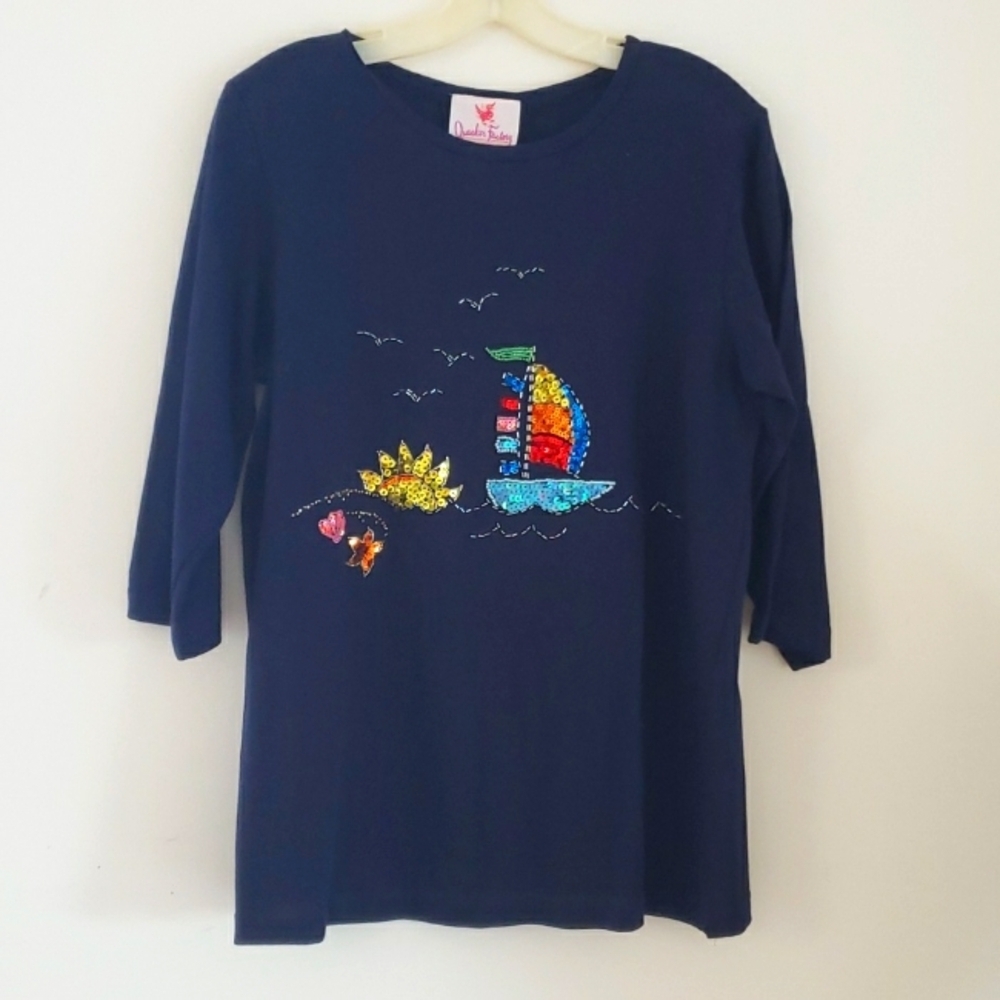 QUACKER FACTORY Blue Sequin Top Coastal Beachy Nautical Embellished 3/4 Sleeve M